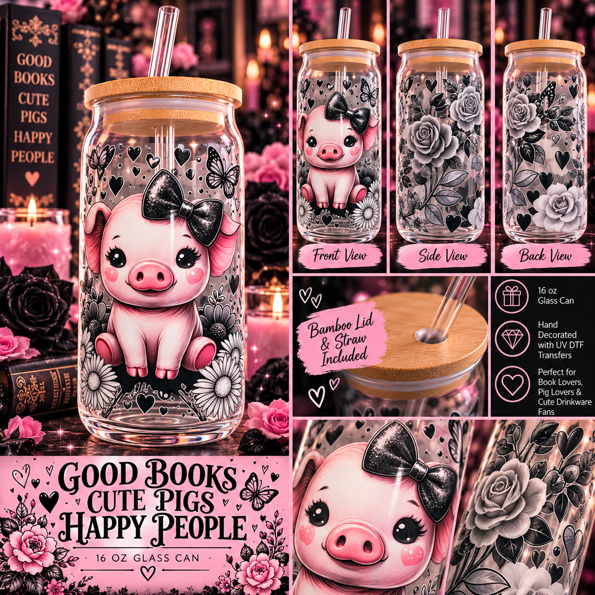 Pink Piggy & Gothic Roses | 16 oz Glass Can