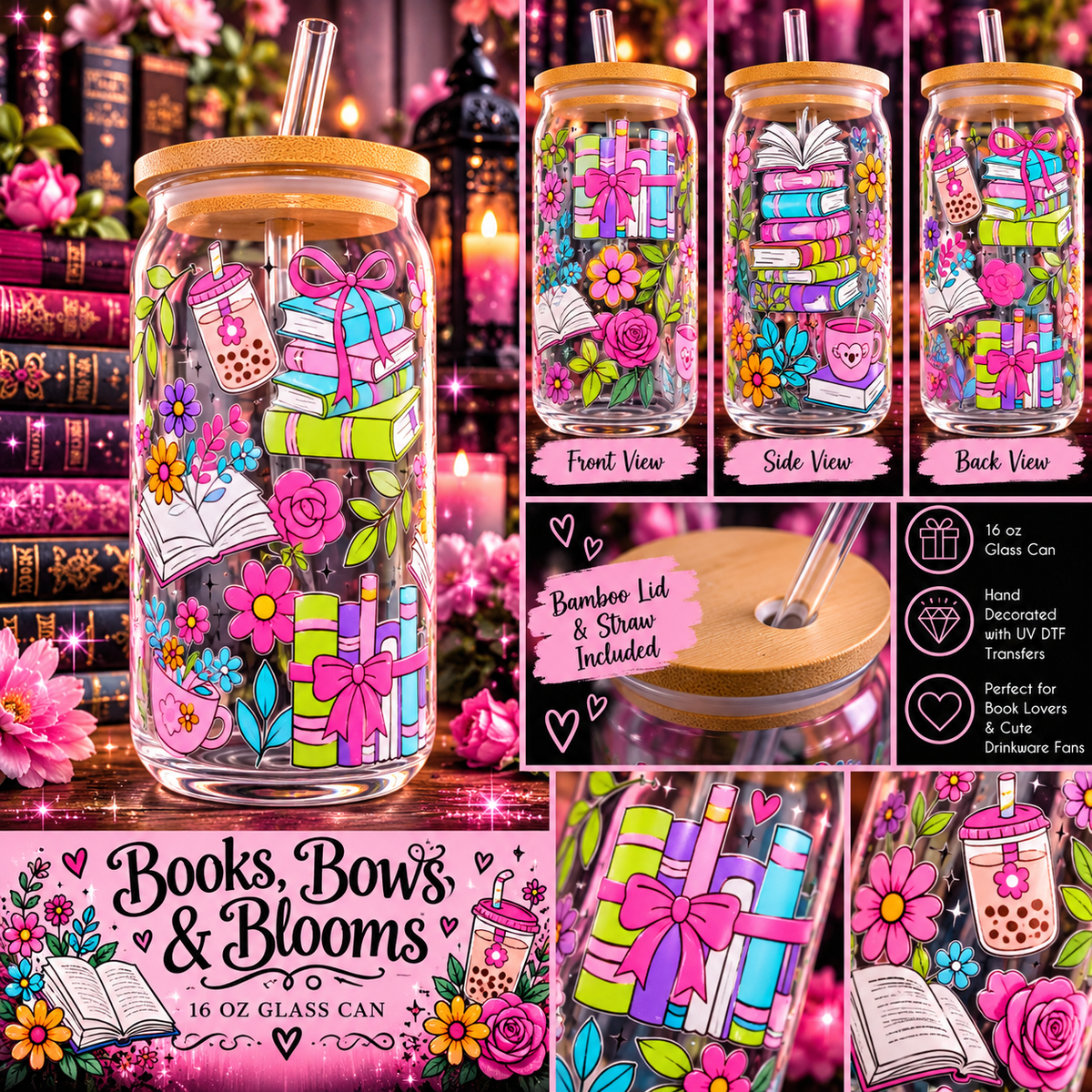 Books, Bows & Blooms | 16 oz Glass Can