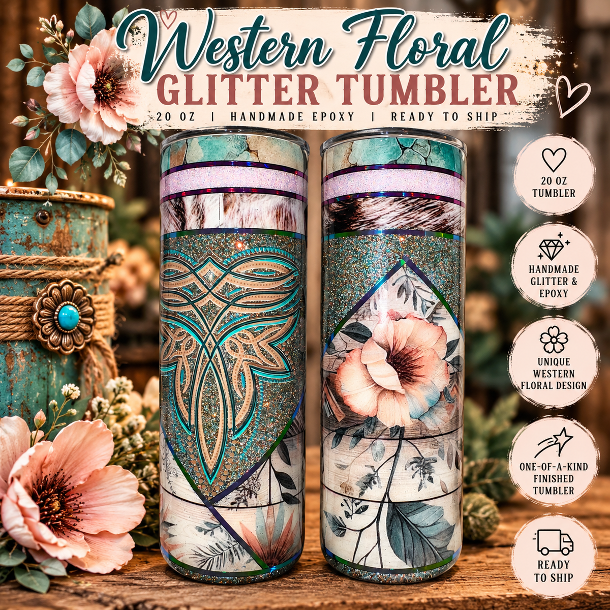 Western Floral Glitter Tumbler | 20 oz Handmade Epoxy | Ready to Ship