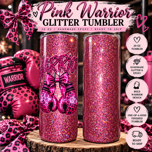 Pink Warrior Glitter Tumbler | 20 oz Leopard Print Boxing Gloves | Ready to Ship