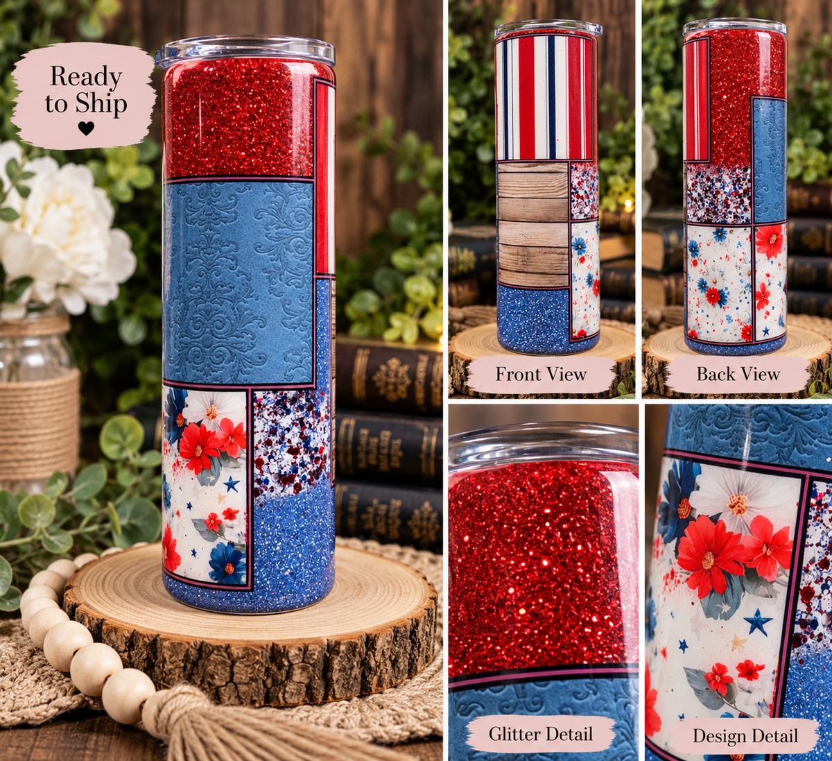 Red, White & Blue Patchwork Glitter Tumbler | 20 oz | Ready to Ship